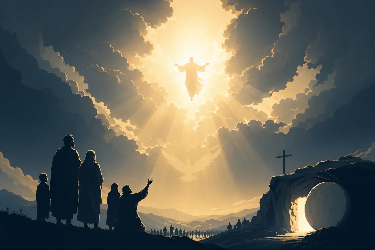 İsa’nın ikinci gelişini, gök bulutları, melekler, diriliş ve uyanık bekleyiş atmosferiyle anlatan kutsal sahne.