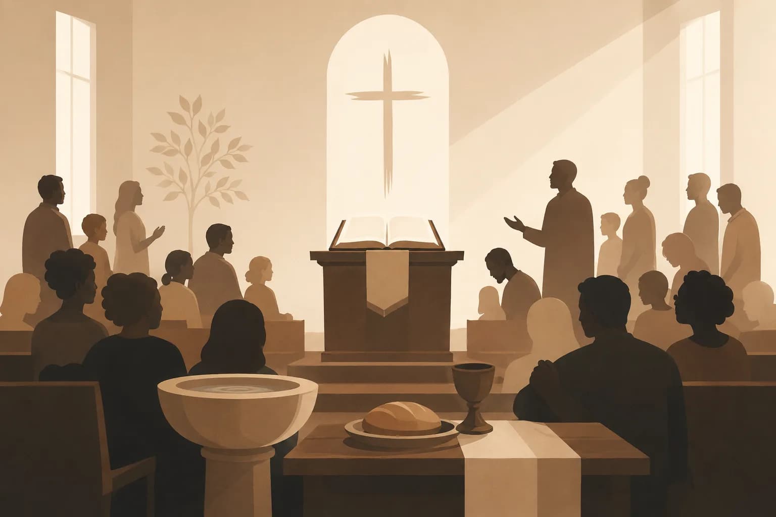 Kilisenin topluluk oluşunu, ortak ibadeti ve imanlıların birbirine bağlılığını anlatan sade bir Hristiyan sahnesi.