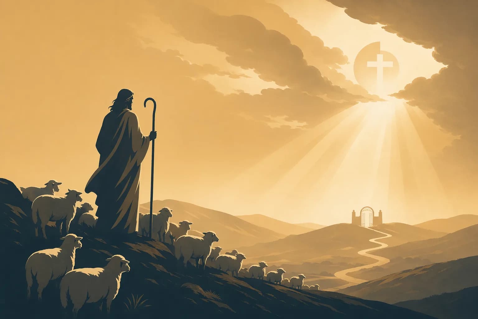İsa’nın koyunlarını koruduğu, sonsuz güven ve sebat temasını yansıtan dingin bir kutsal sahne.