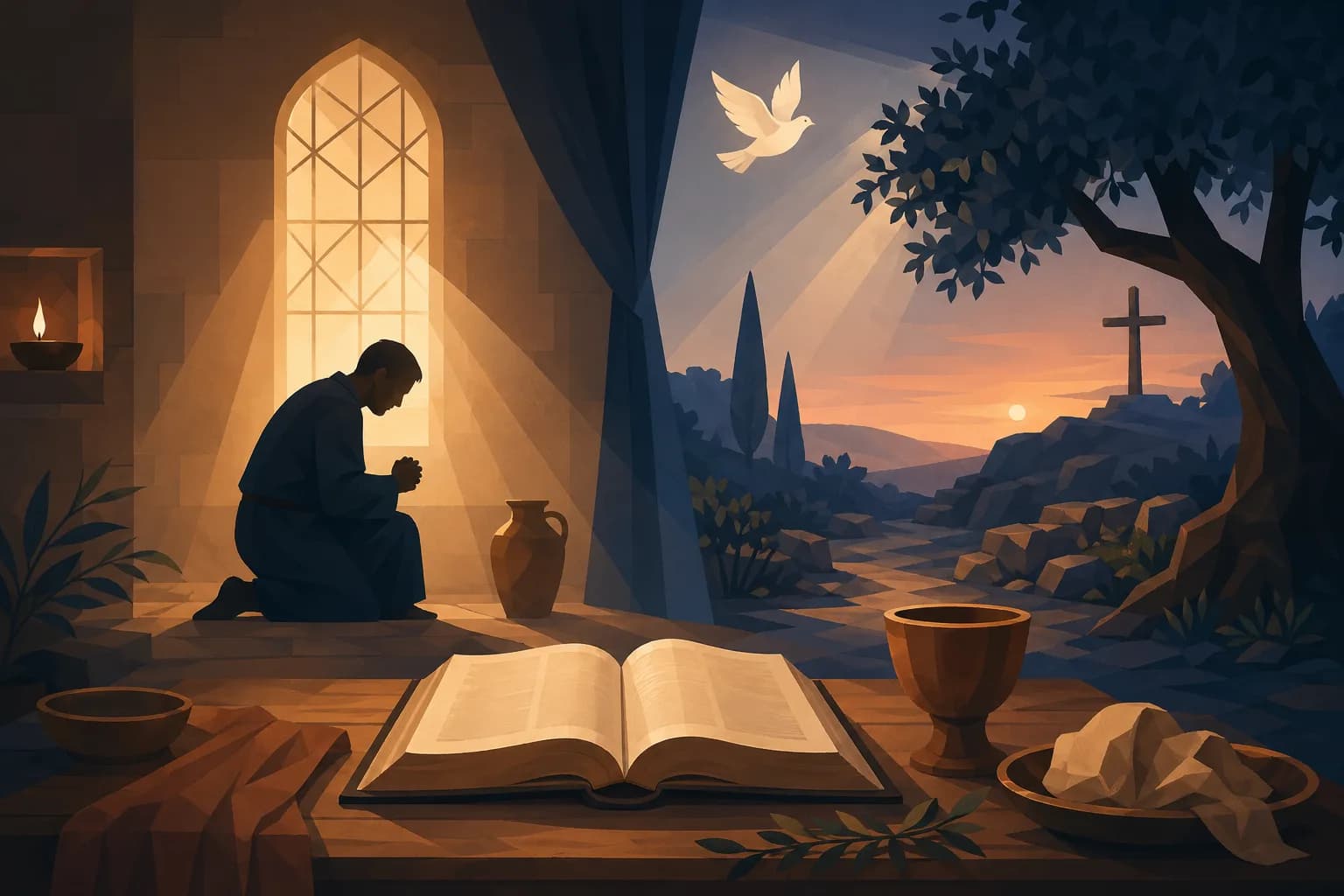 Dua, Rab’bin Duası, Daniel ve Getsemani sahnesiyle Tanrı’yla ilişkiyi ve teslimiyeti anlatan sakin bir görsel.